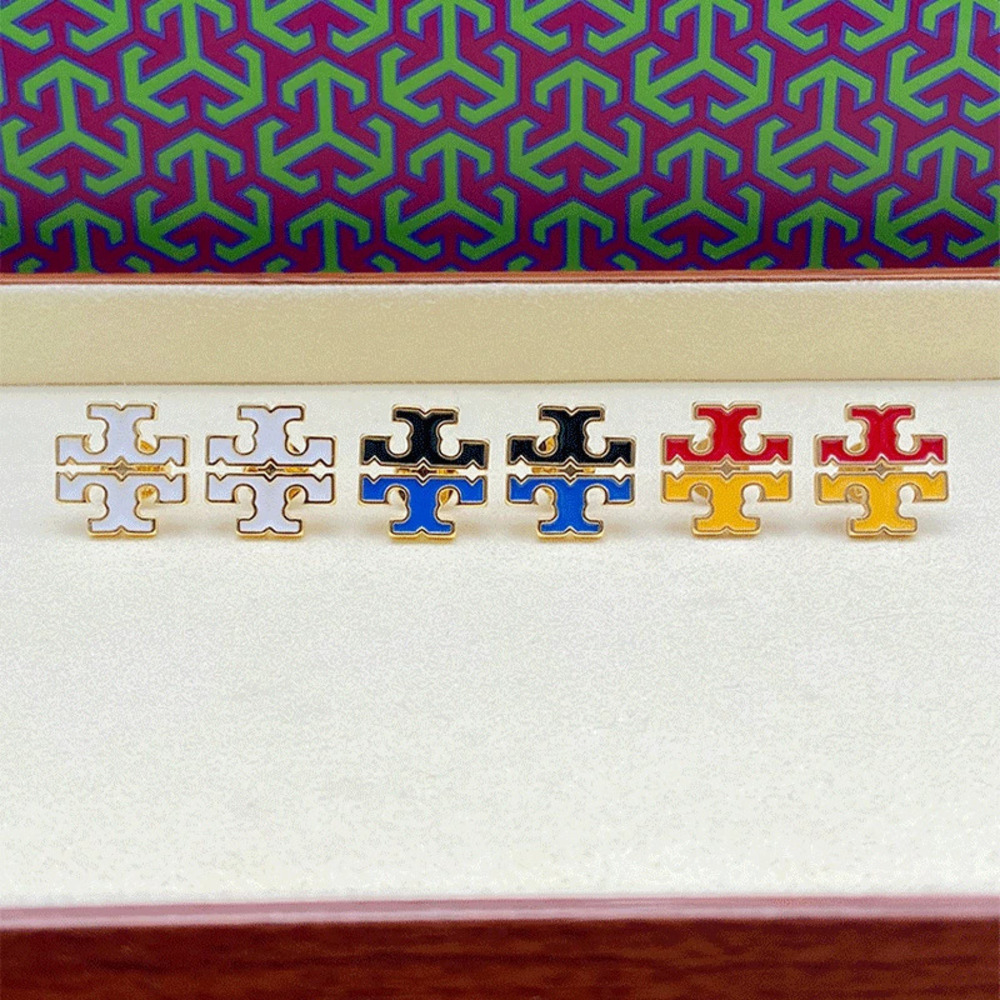 Tory Burch Enamel Colorblock Letter Metal Stud Earrings